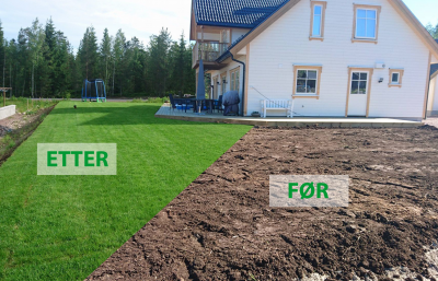 Før og etter bilde av ferdigplen fra Bjerktvedt Ferdigplen